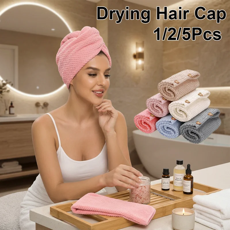1/2/5Pcs Microfiber Hair Dry Cap Absorbent Quick Dry Hair Towel Wrap For Women Shower Hat With Button Travel Beach Home Skincare