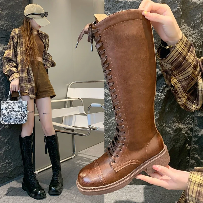 

High Quality Ladies Shoes 2024 British Style Casual Lace-up Women's Knee-high Boots Comfortable and Versatile Brown Long Boots