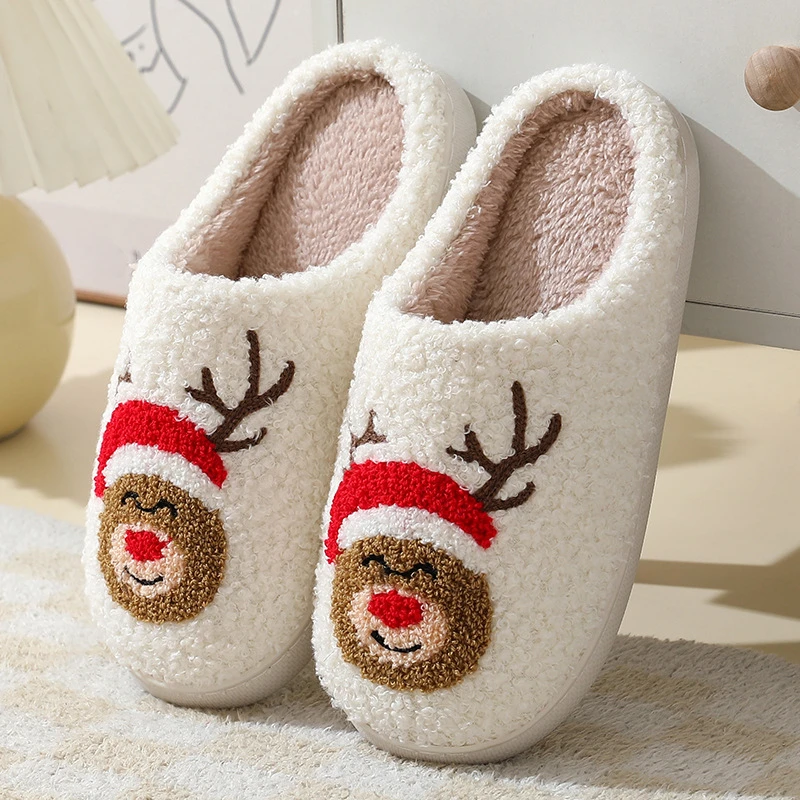 Cute Elk Slippers Fluffy Furry Women Home Platform Slippers Men Winter Plush Slides Indoor Fuzzy Slippers Lovely Cotton Shoes