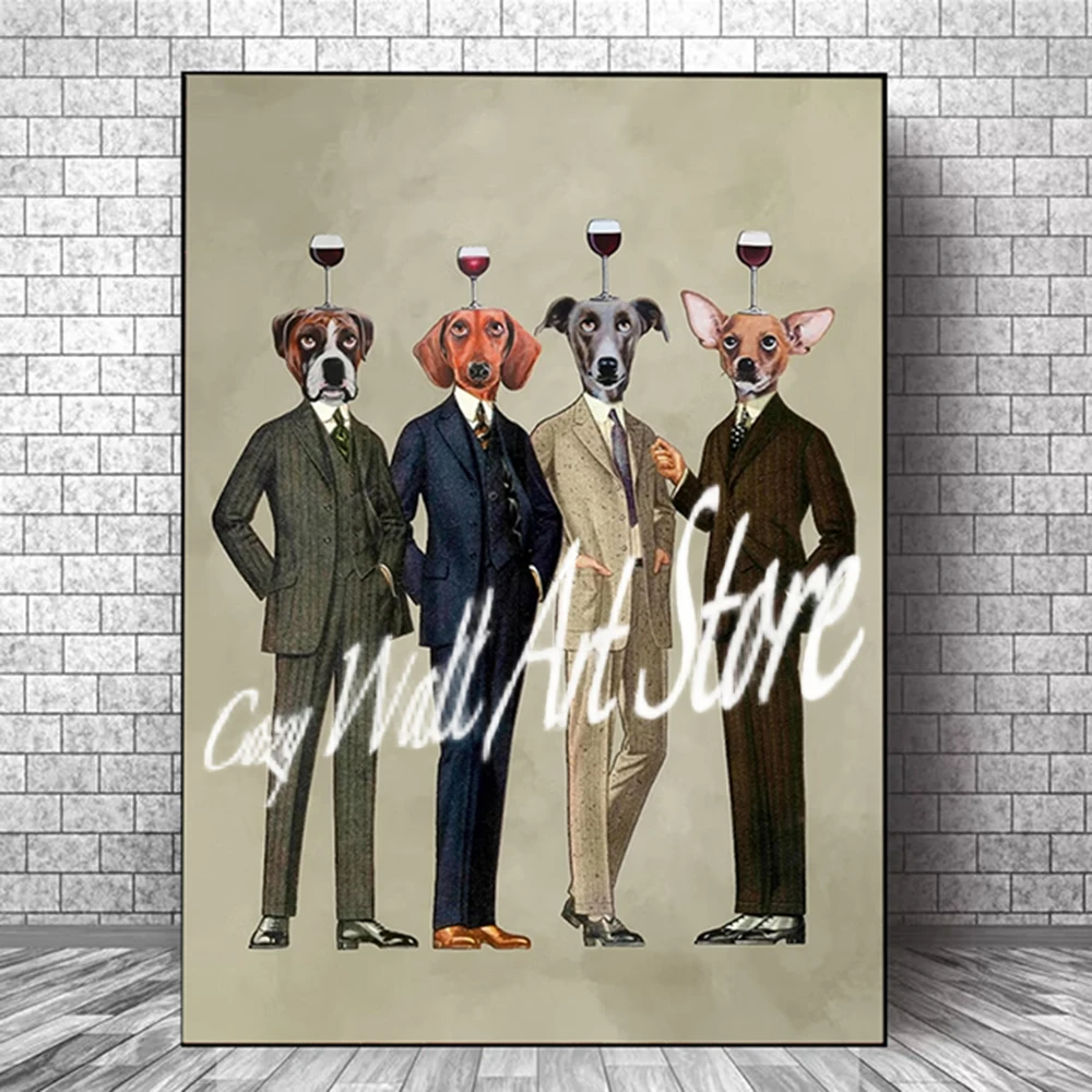 Póster Abstracto de Personas y Animales, Vaso de Vino Tinto sobre Cabeza de Perro, Pintura Divertida y Sexy de Avestruz en Lienzo para Sala de Estar