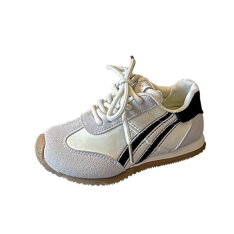 Kids Retro Lace-Up Color Block Trainer Sneakers Classic Retro Stripe Patchwork Design Soft Breathable Upper Material Casual Shoe