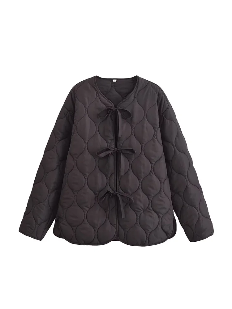 2024 new women\'s fashion diamond pattern quilted light and simple loose bow round neck long-sleeved cotton jacket coat