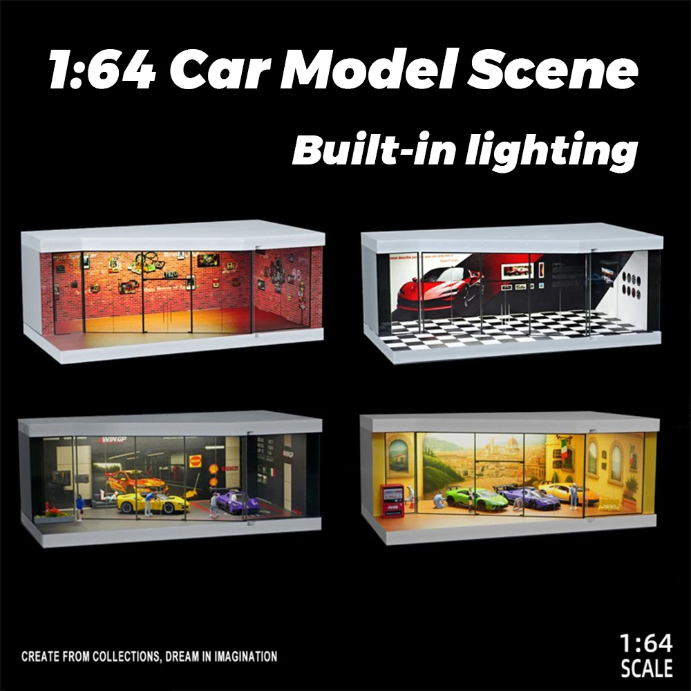 1/64 Miniature Parking Lot Model-LED Light Up Exhibition Hall Scen Car Display Diorama for Collectors(Car & Figure Not Included)