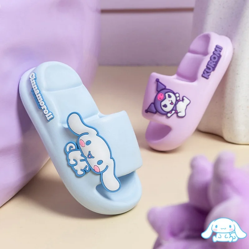 Cinnamoroll 2024 Sanrios KT Childrens Summer Cute One Word Drag Kuromi My Melody Home Anti Slip Soft Sole External Wear Sandals