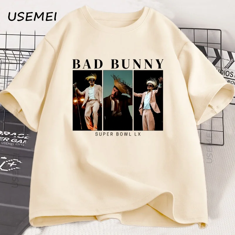 

Футболки с графическим рисунком Bad Bunny Super Bowl, хлопковая футболка с короткими рукавами, мужская и женская хлопковая новая футболка, женская уличная одежда с принтом