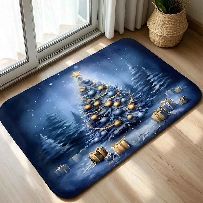 Retro Christmas Tree Golden Star Doormat Green Background Berry Pattern Print Floor Rug Merry Christmas Holiday Entryway Carpet