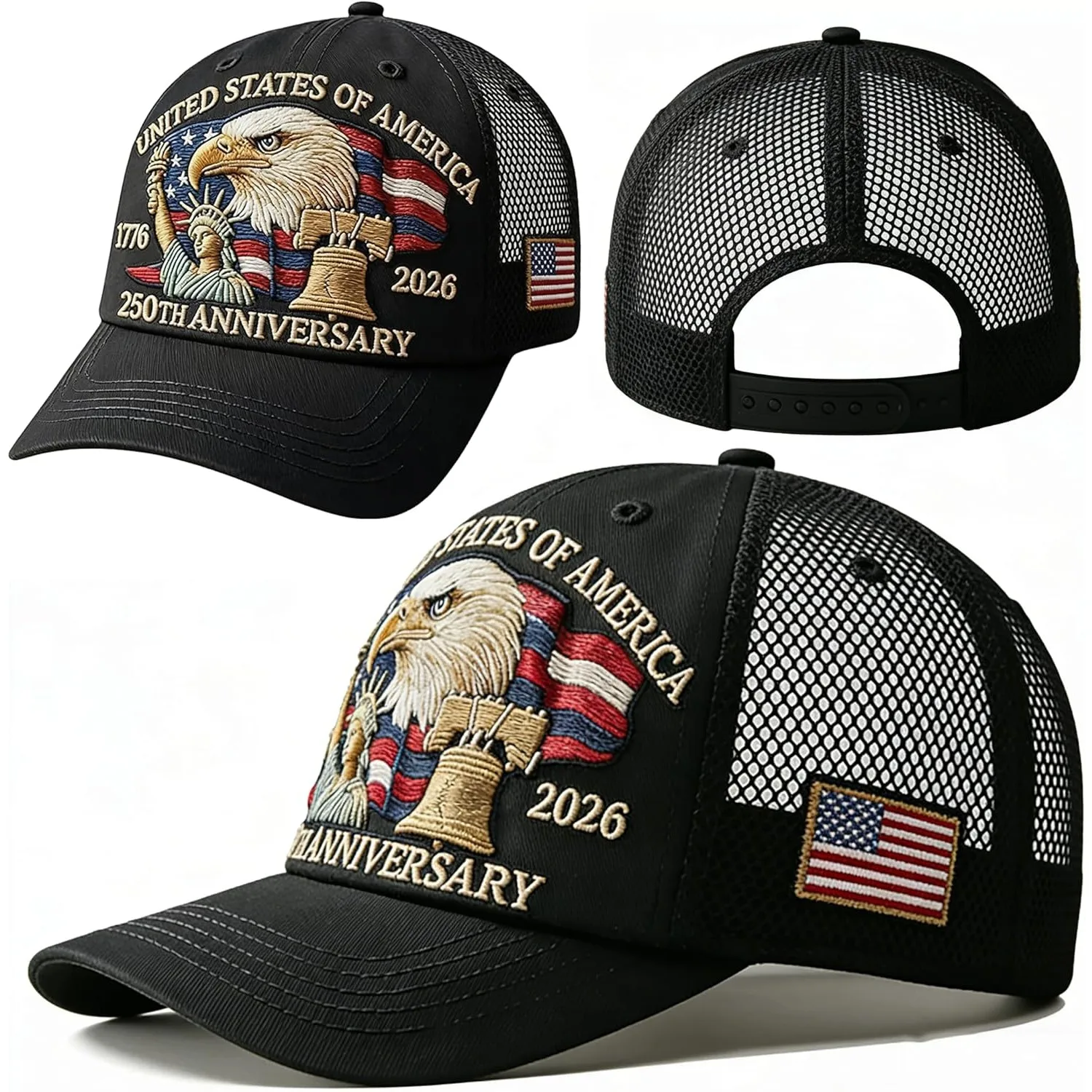 

Liberty United States 250 Anniversary Mesh Cap 250th Years Celebration Breathable Hats 3D Printed & Embroidery Baseball Hats
