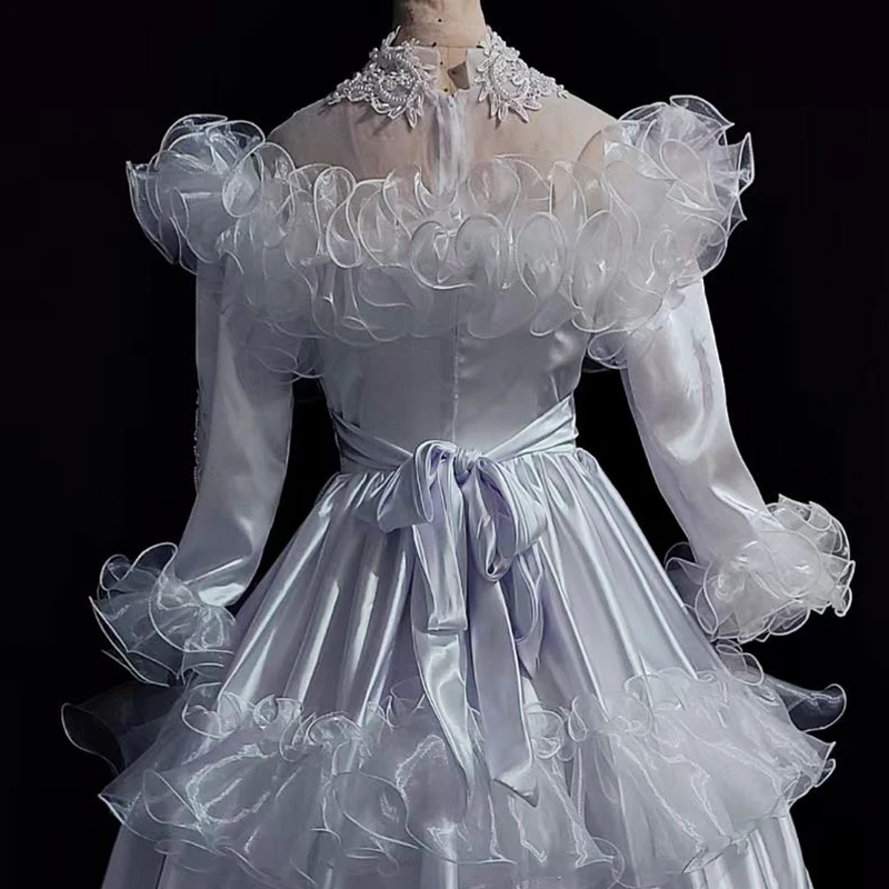 AnXin SH vintage blanco volantes flor encaje princesa cuello en v