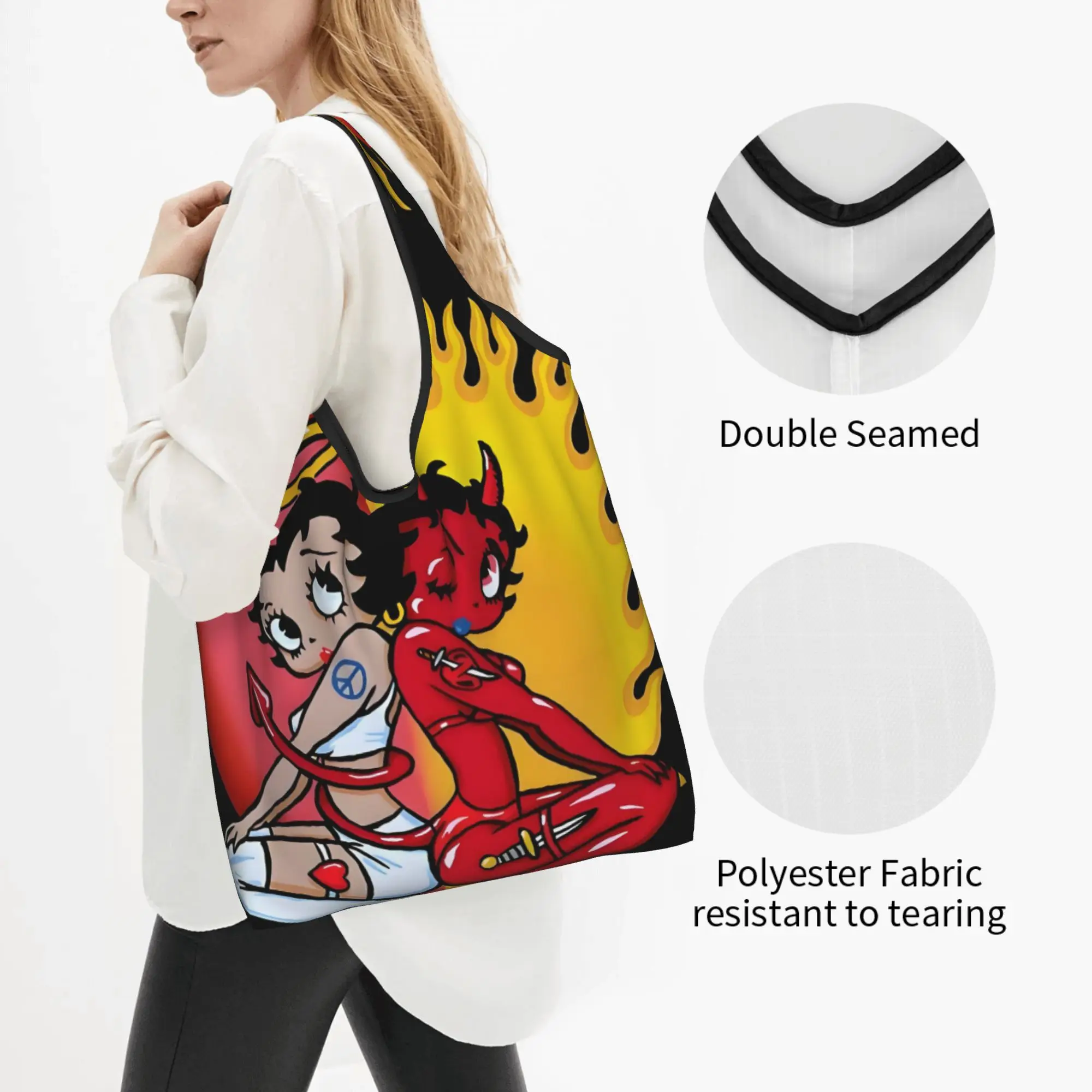 Custom GOOD EVIL Cartoon Girl Boop  Shopping Bags Women Portable Big Capacity Groceries Bettys  Tote Shopper Bags