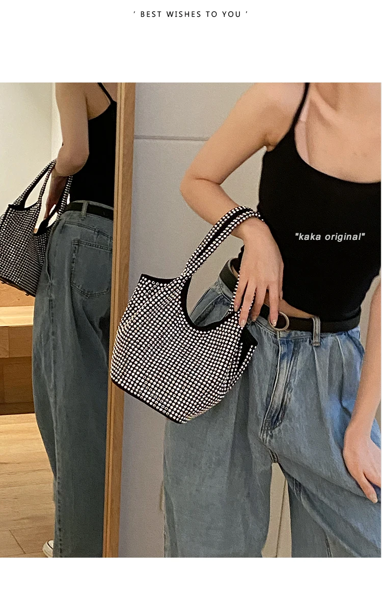 JIAERDI Vintage Rhinestone Bucket Bags Women 2023 Y2k Grunge Retro Silver Shoulder Bags Ladies Fairycore Shiny Handbag Female