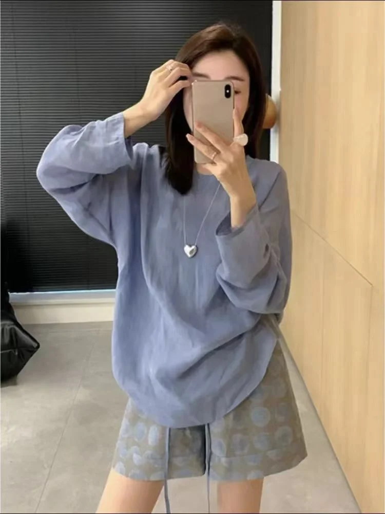 Summer Faion Casual Lino Lungo Sve Top da donna a vita alta Orbs Set in due pezzi Protezione solare Set pullover rotondo Ne