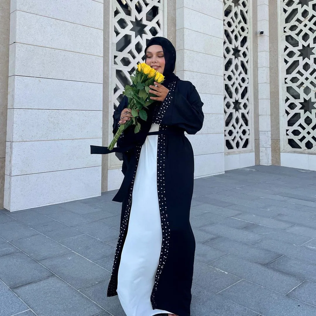 

Женский элегантный повседневный модный свободный кардиган с длинными рукавами и бисером, на шнуровке, с поясом, Абая, женское пальто в арабском стиле, 202, мусульманская новая мода