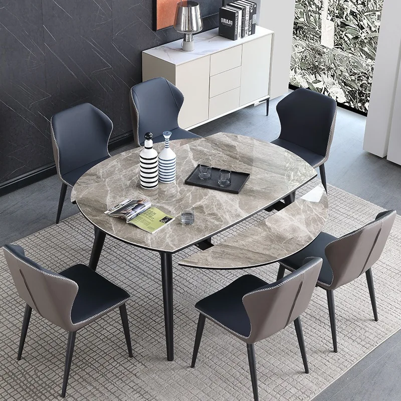 

White wax, rock slab, dining table, simple, household, Nordic, solid wood, telescopic