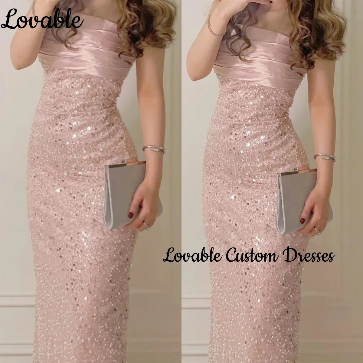 

Sheath Pink Formal Occasion Dresses Strapless Customize Floor-Length Dress Women Elegant Luxury Lace Zipper Up فستان حفلات الزفا