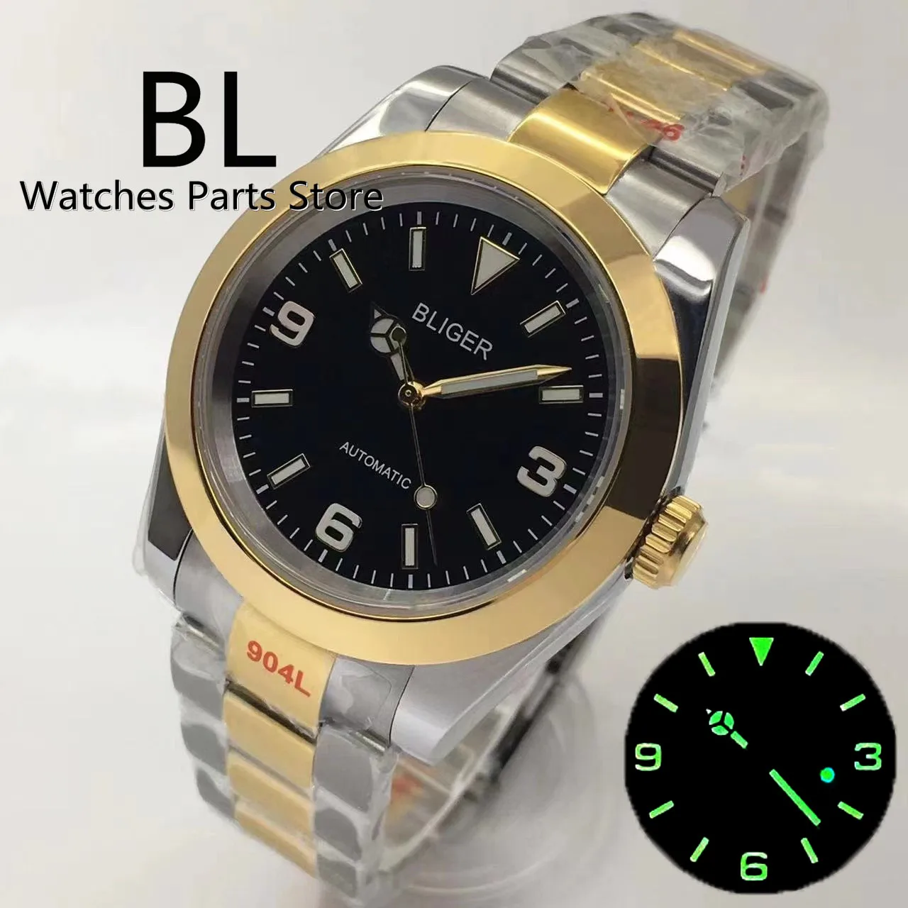 BLIGER 36mm/39mm Two Tone Gold Watch For Men With Steel Bracelet Polished Bezel Sapphire Glass Black Dial Green LumeNH35 PT5000