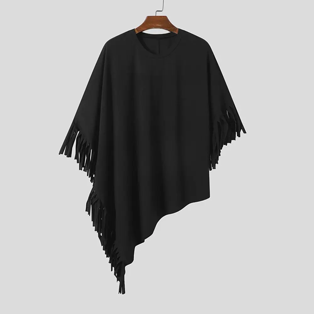 2024 New Men T Shirt Tassel Solid Color Cloak Punk Style Streetwear Fashion Irregular Tops O-neck Loose Casual Cape Camisetas