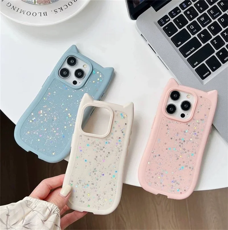 Creative Cat Cartoon Glitter Clear Phone Case For iPhone 13 12 11 14 15Pro Max Transparent Shockproof Bumber Soft TPU Back Cover