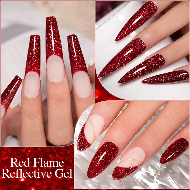 PUENTE 7.5ML Red Flame Reflective Gel Nail Polish Flash Sparkling Red Glitter Nail Gel Soak Off UV Semi-permanent Nail Varnish
