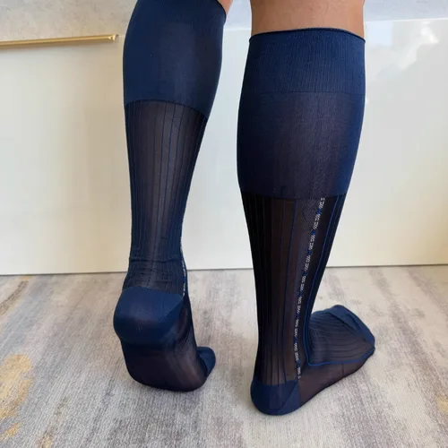 Imagen 2 del producto Calcetines de marca para hombre, medias sexis transparentes, calcetines de tubo de altura ultrafinos, calcetines de negocios a rayas elásticos transparentes, medias formales