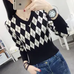 Autumn Winter New Women's Pullovers Argyle V-Neck High Waist Slim Appear Thin Sweaters Fashion Casual Versatile Long Sleeve Tops