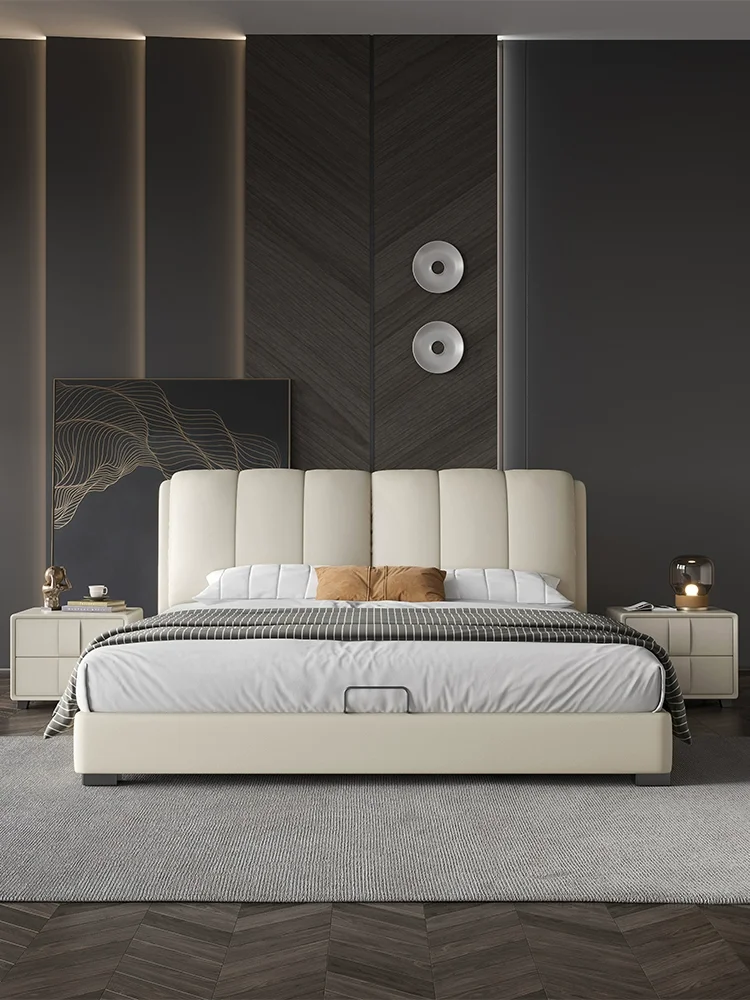 Modern simple leather bed, light luxury, high-end atmosphere, senior master bedroom, bedroom, double soft bed