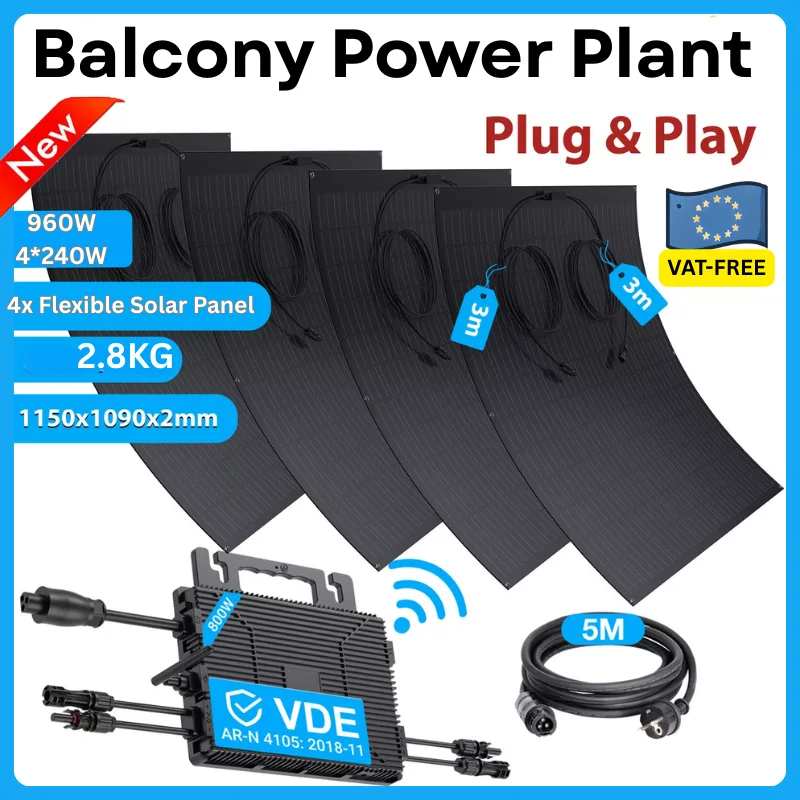 جديد! طقم الألواح الشمسية 480 وات/960 وات (2 × 240 وات/4 × 240 وات)، للعاكس الصغير بقدرة 800 وات، ألواح أحادية مرنة، IP67، CE، ربطة شبكة الشرفة #1