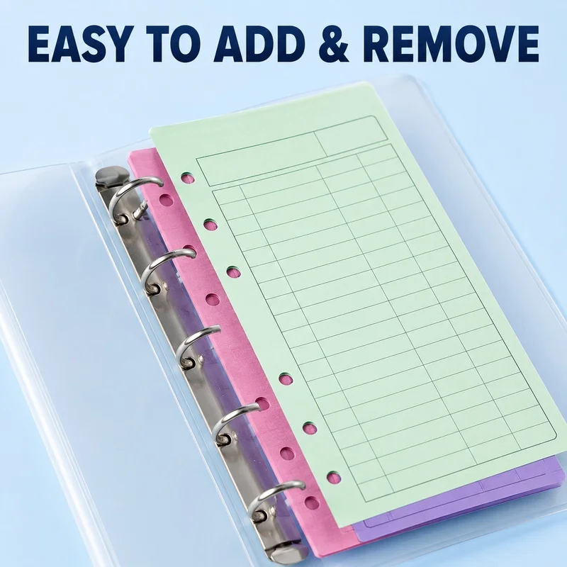 12‑Sheet Colored Budget Planner Inserts, 6‑hole loose‑leaf ledger paper, clear grids for expense & daily finance tracking