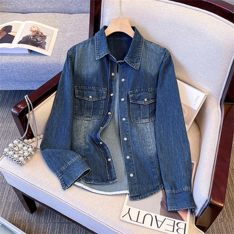 

Корейская винтажная стираная темно-синяя джинсовая куртка-рубашка средней длины, весенне-осенняя новая женская свободная ковбойская верхняя одежда с лацканами и длинными рукавами