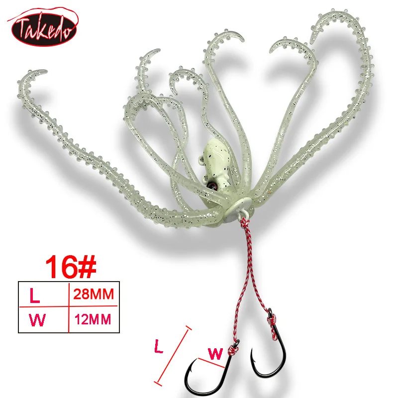 TAKEDO 20G Octopus Lure Sea Fishing Jig Head Bait TPR Octopus Skirt Soft Lures Trolling Luminous  Artificial Bait For Bass Tuna