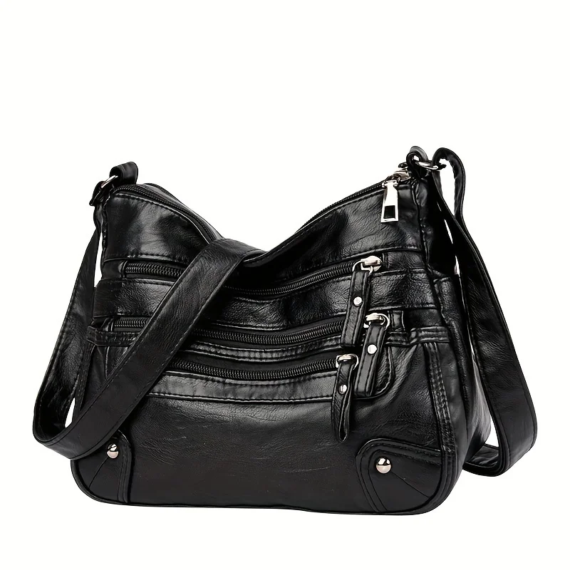 Stylish Multi Zipper Crossbody Bags, Soft Vegan Pu Leather Shoulder Bag, Women's Multi Pockets Handbag Purse for Women Daily Use