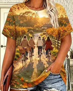 Women Fall Country Biking T‑Shirt, Friends Cycling Sunset Maple Leaf Graphic Casual Short Sleeve Tee for Daily Outfit