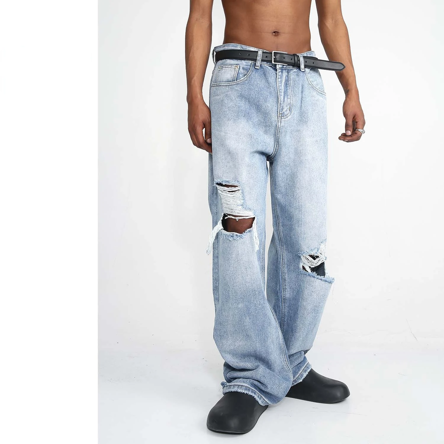 

Men's Fashion Destroyed Jeans Pants Loose Fit Y2K Ripped Denim Trousers Washed Blue Big Holes Vibe Style Cowboy Bottoms