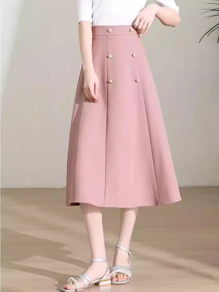 Elegant High-Waist A-Line Skirt for Women-Slimming Versatile Midi with Button Detail Perfect for Spring & Fall Commuting Fashion