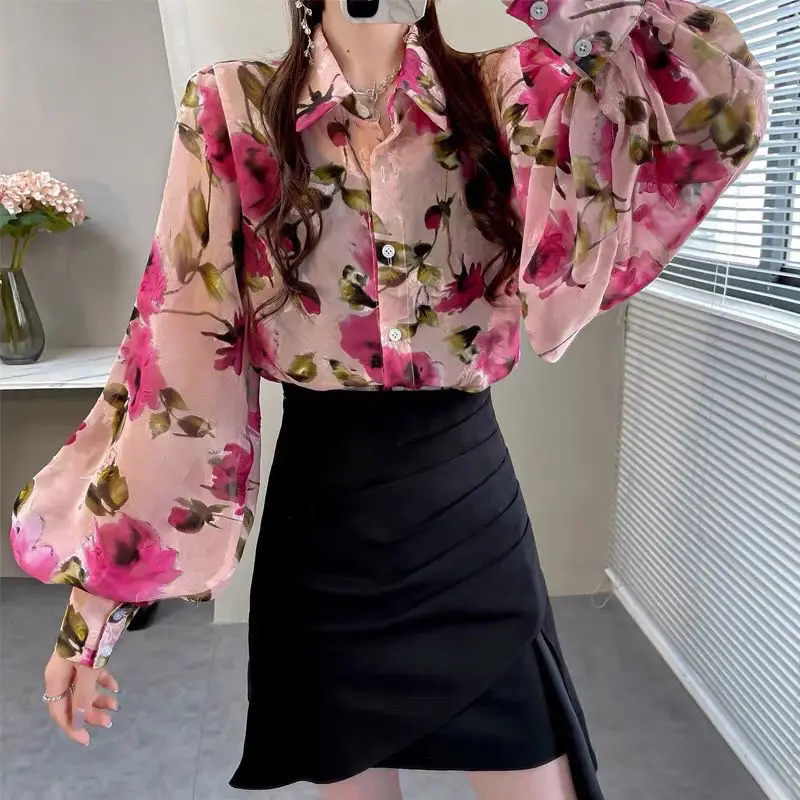 Spring and Summer New Women\'s Polo Collar Chiffon Shirt Fashion Commute Loose Flowy Ruched Lantern Sleeve Button Cardigan Tops