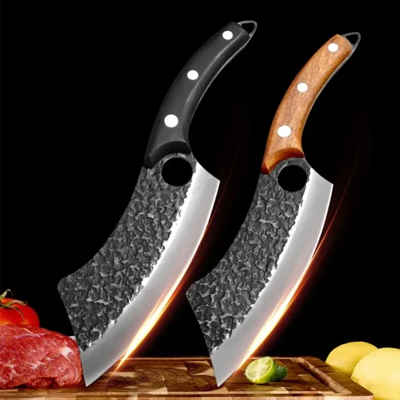 Wood Handle Slicing Knife with Finger Hole Full-Tang Kitchen Knife Meat Cleaver Chopping Vegetable Household Chef Butcher Knife