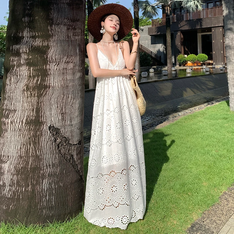 

Sexy Holiday Style V-neck Strap Dress Women's Summer Hollow Out Embroidery Strap A-line Long Dress Fashion Female Clothes