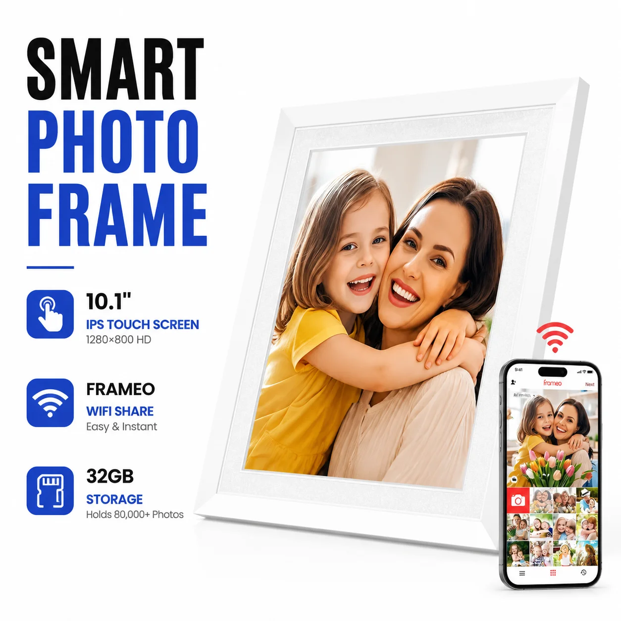 Cadre photo numérique WiFi 10,1 pouces, écran tactile IPS 1280x800, partage de vidéo et de musique via application, mémoire extensible 32 Go