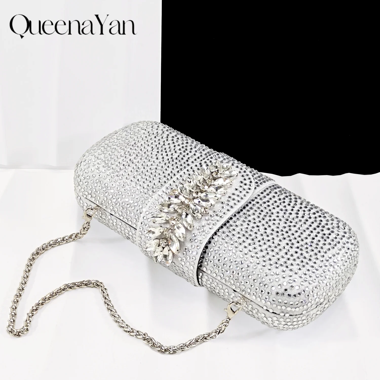QueenaYan 2026 Elegant Silver Pointed-Toe Women High Heels Shoes with Diamond Accents & Matching Bag - Ideal for Party Elegance