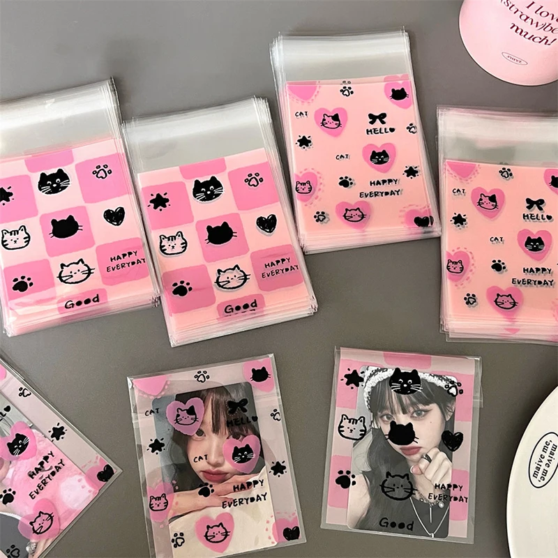 50Pcs Cute Cartoon Cat Self-Adhesive Bag Photo Small Card Storage Bag Creative Gifts Packaging Bag Baking Candy Packaging Bag