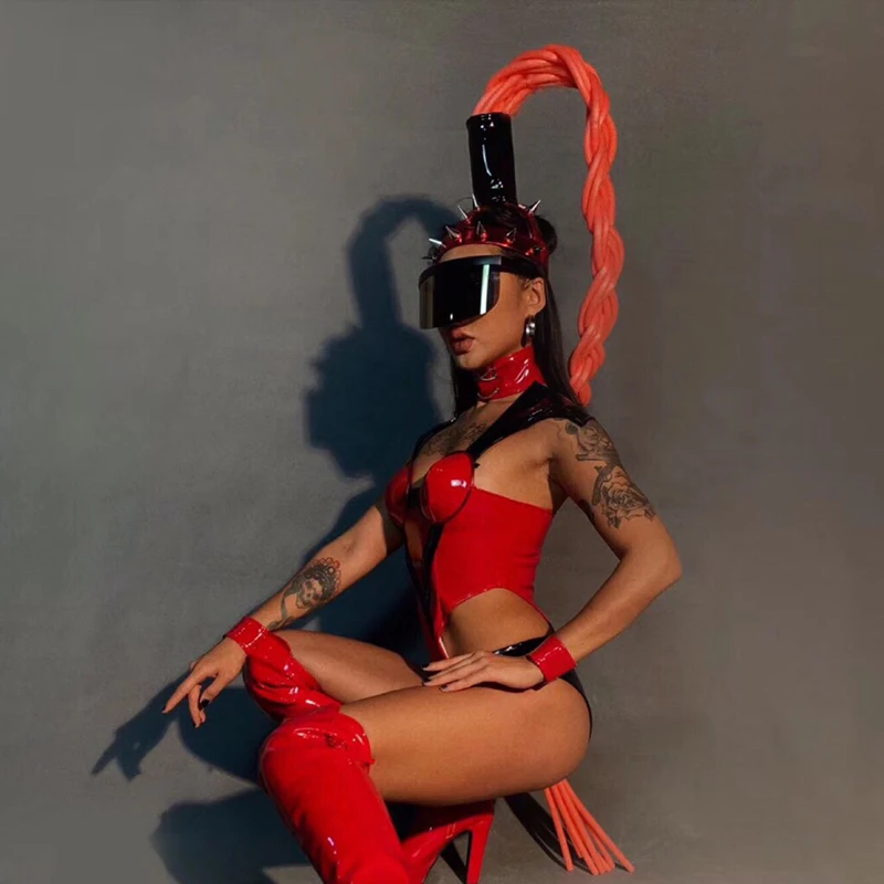 ナイトクラブゴーゴーダンス服セクシーなクラブウェアリベット帽子ドラッグクイーンコスチューム Pu レザーボディスーツカーニバルレイブ衣装 yj461