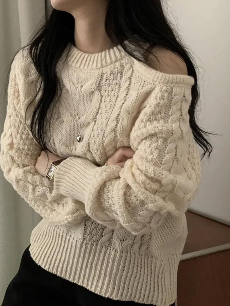 

Korean Sle Women's Knitted Sweater ort Long Sve Pure Color Loose Fit oulder Bared Twist Design Autumn Winter Top