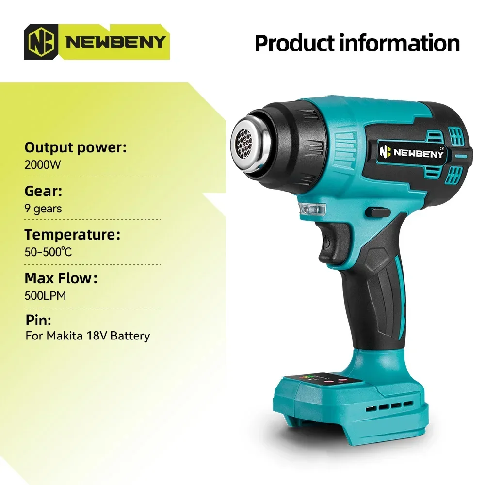 Imagem -03 - Newbeny-electric Air Gun Secador de Cabelo para Makita 18v Bateria 2000w Engrenagens Display Led Ajustável Bicos Industrial Casa