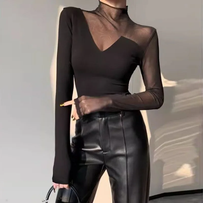 Design Fashion Temperament Black Half Turtleneck Mesh Splicing Long Sleeve T-Shirt New Slim Sexy Skinny Bottom Top Personality