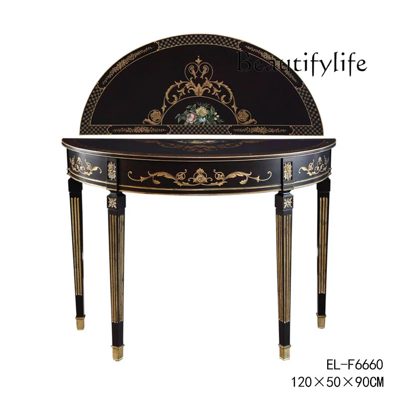 

French Country Retro Solid Wood Hand-Painted Semicircle Console Villa Showroom European Luxury Decorative Table