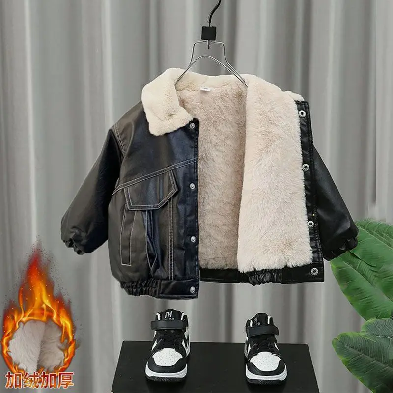 Children\'s Boys Leather Jacket Jacket 2023 New Foreign-style Baby Spring, Fall and Winter Children Korean Padded Thick Jacket