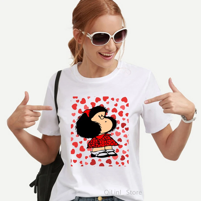 

Kawaii Funny Mafalda Graphic Print T-shirt Women Harajuku Aesthetic Clothes White Tops Tshirt 2021 fashion Casual Female T Shirt