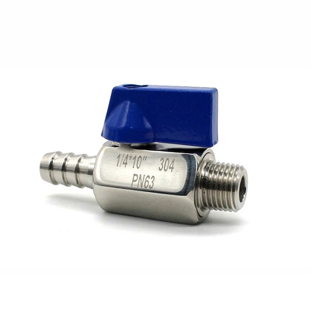 304 Stainless Steel 1/8 1/4 3/8 1/2 BSP x 7/8/10/12mm Hose Barb Mini Sanitary Ball Valve Homemade Pipe Fittings With Blue Hanlde