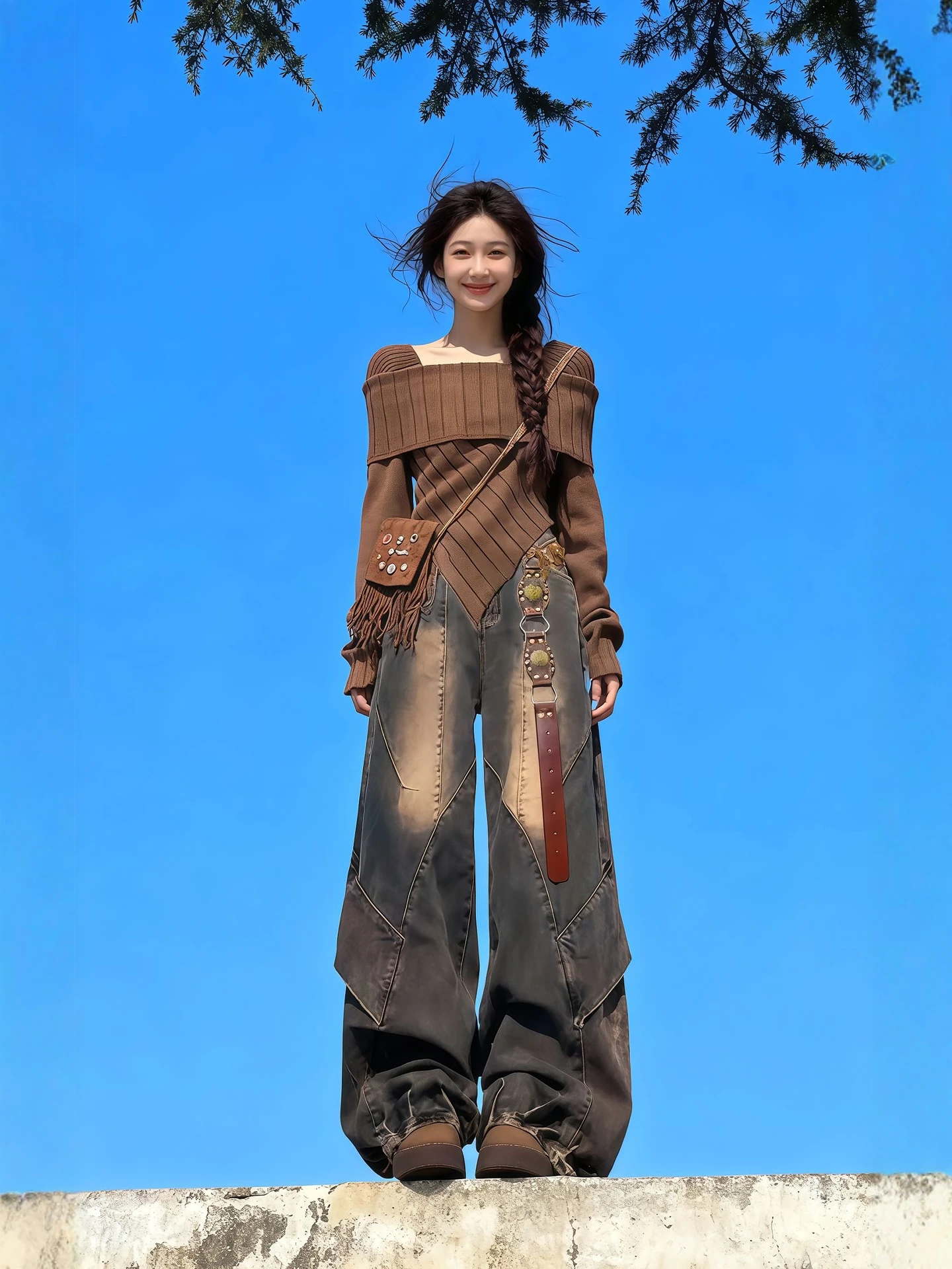 

Winter Faion plus Size Knitted Top And Jeans Retro Sle Two-Piece Set for Women High Waist Loose Fit Polyester Fabric