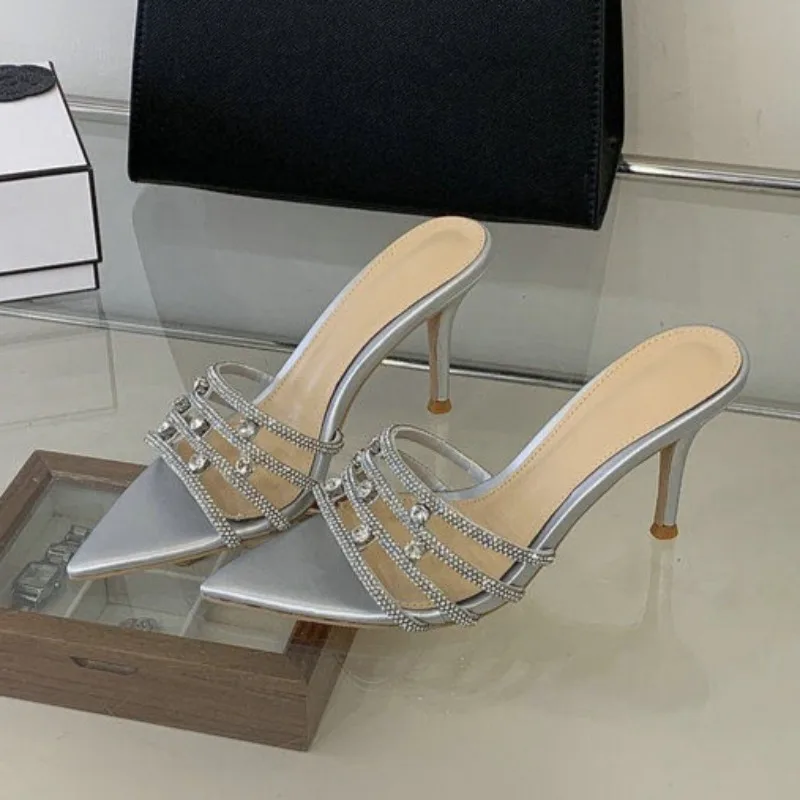 

Summer French Pointed Toe Sexy Western Style Hollow Stiletto Sandals New Trend Rhinestone Slippers