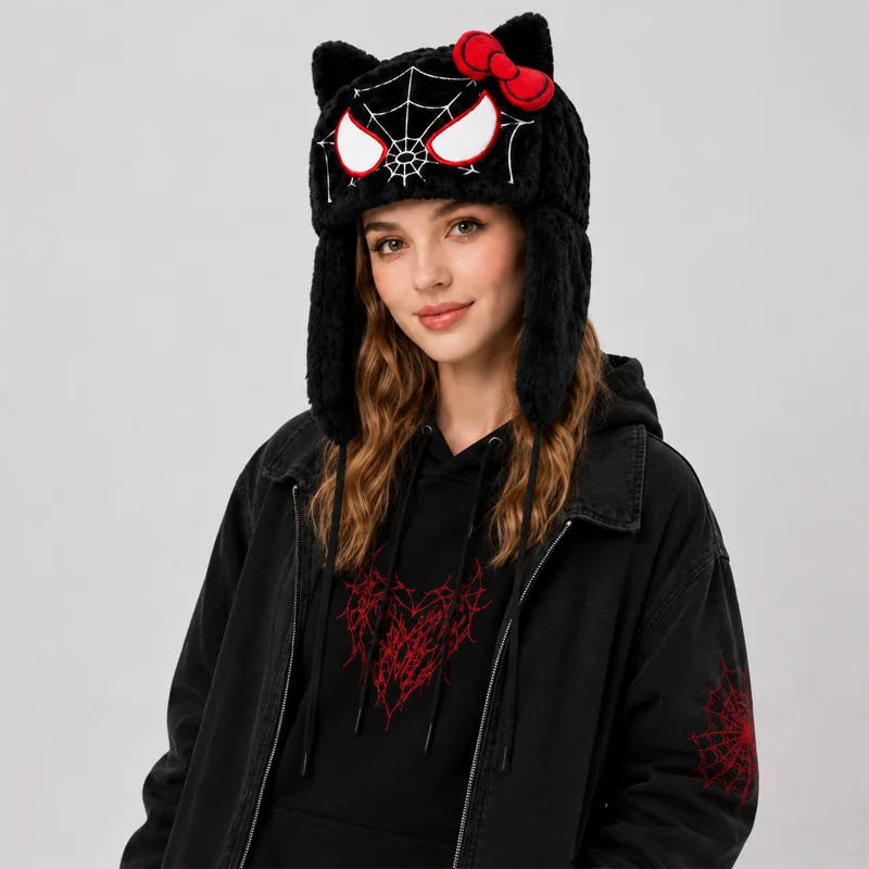 Cute Plush Animal Hat Black Cat Earflap Cap Spider Web Bow Soft Warm Furry Winter Beanie Unisex Cosplay Streetwear view 6